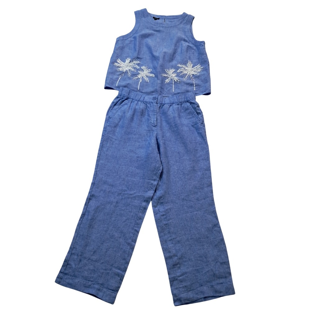 Talbots Two Piece Set Outfit Womens Medium Petite Blue Linen Palm Tree Tropical